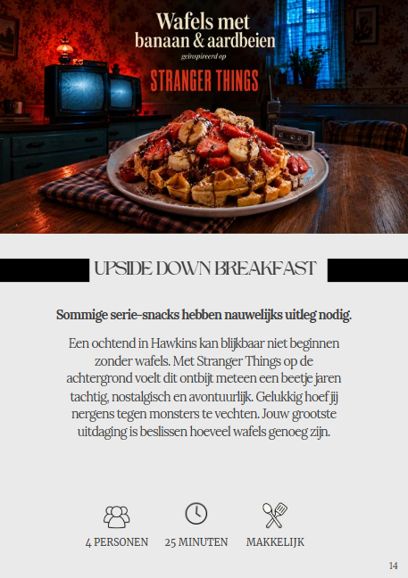 Pagina uit het kookboek: wafels met banaan en aardbeien, geïnspireerd op Stranger Things